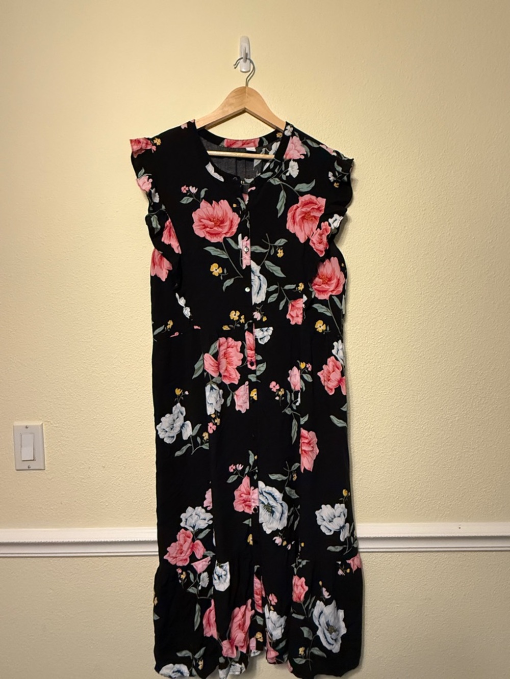 Old Navy Black Maxi Dress with Pink & White Floral Print